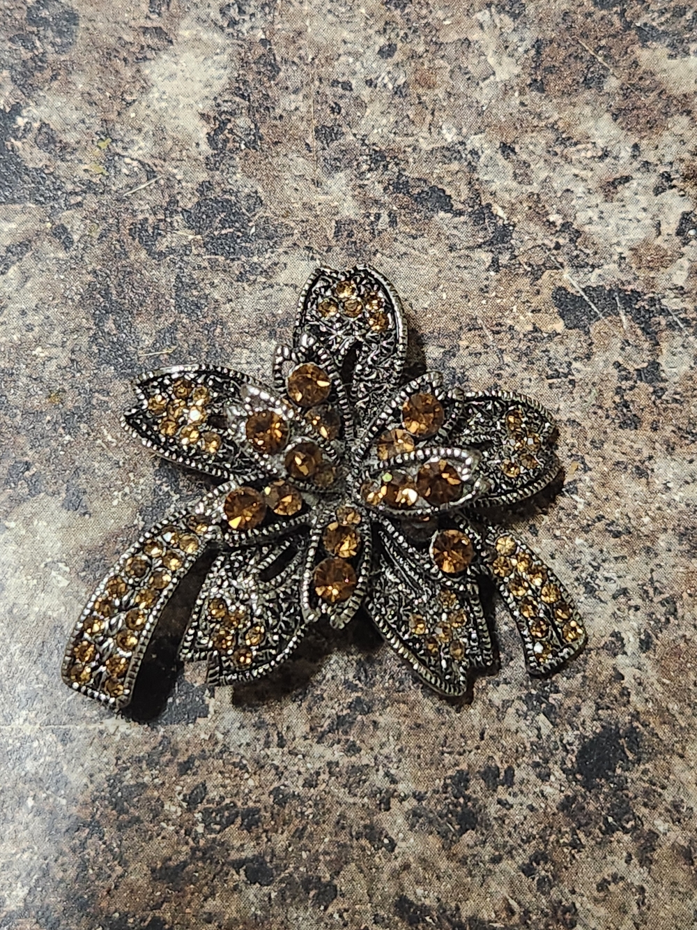 Antique-Style Flower Brooch with Amber Crystals